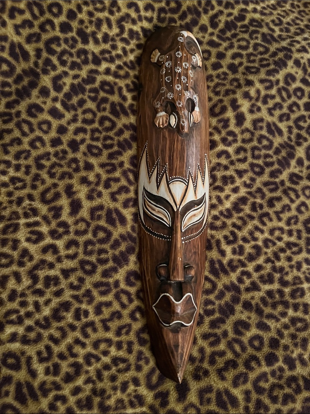 Hand-Carved Tribal Wood Mask in Brown and Cream